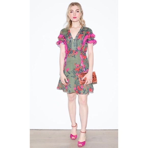 Tanya Taylor Rhett Floral Silk Mini Dress Green Size 4 Casual Cocktail v neck - Picture 1 of 8